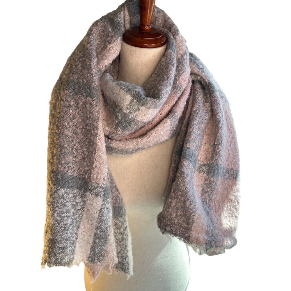 Blush Pink Gray Plaid Oversized Cozy Blanket Scarf Soft Boucle
